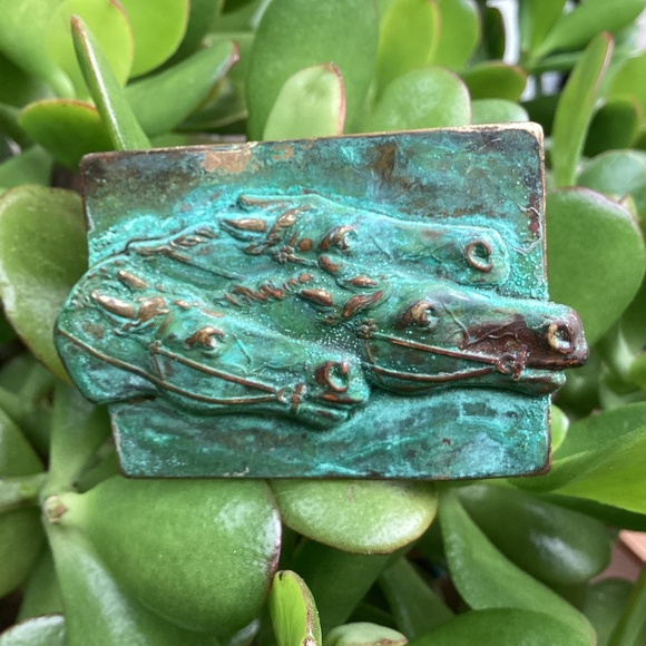 Vintage Elaine Coyne Modernist Brass Verdigris Patina Horse Head Belt Buckle